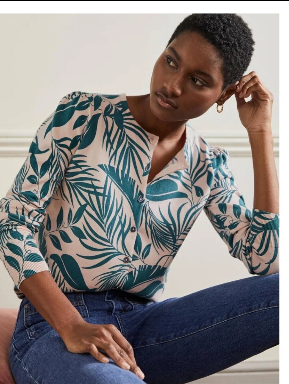 Boden Cotton Crew Cardigan green And Pink Tropical Palm Puff Shoulders